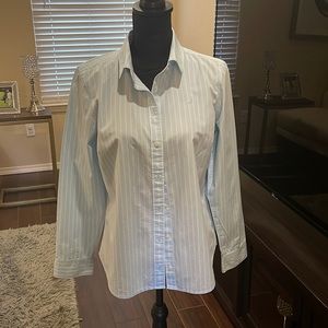 Nautical baby blue/white stripes long sleeve button down slim fit size large